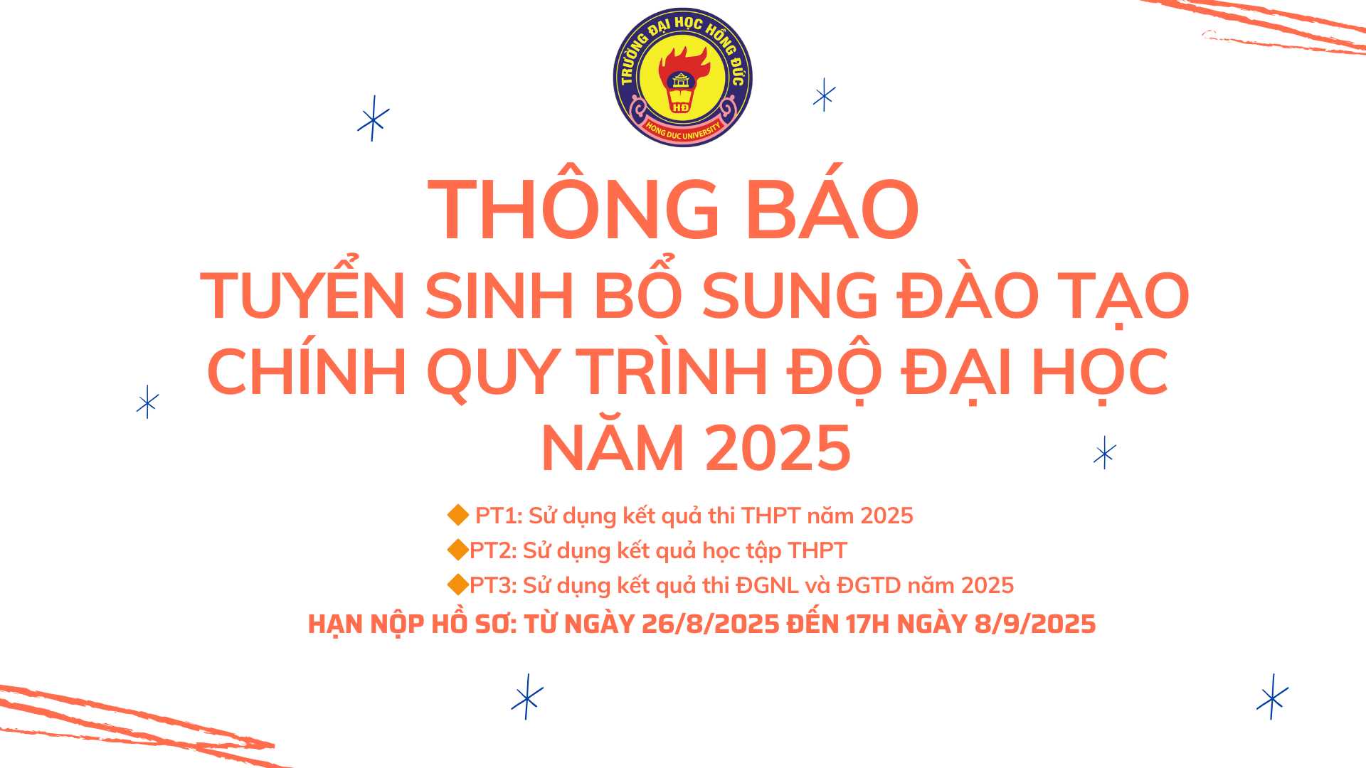 Số:162/TB-ĐHHĐ, ngày 26/8/2025 Thông báo tuyển sinh bổ sung đào tạo chính quy trình độ đại học năm 2025 vào Trường Đại học Hồng Đức
